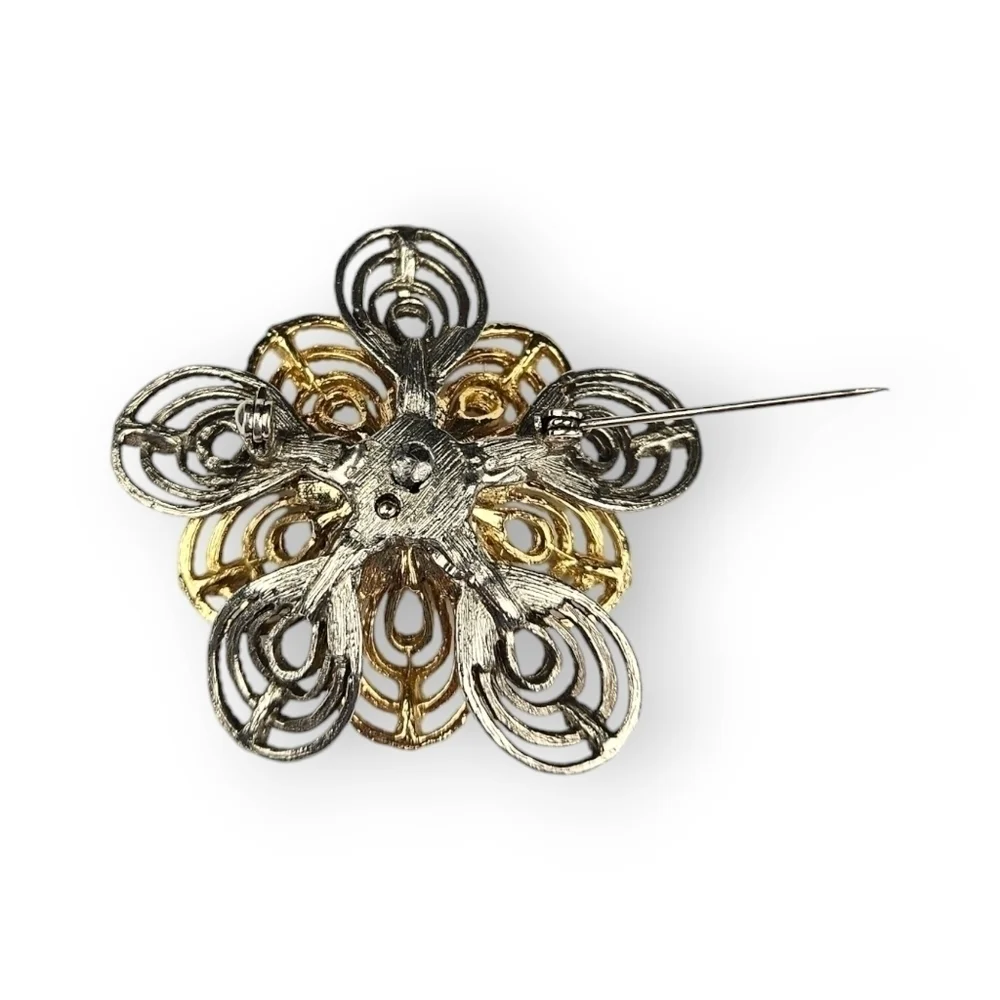 Vintage Flower Brooch Layered Petal Textured Two Tone Gold Silver Tone 2 3/8